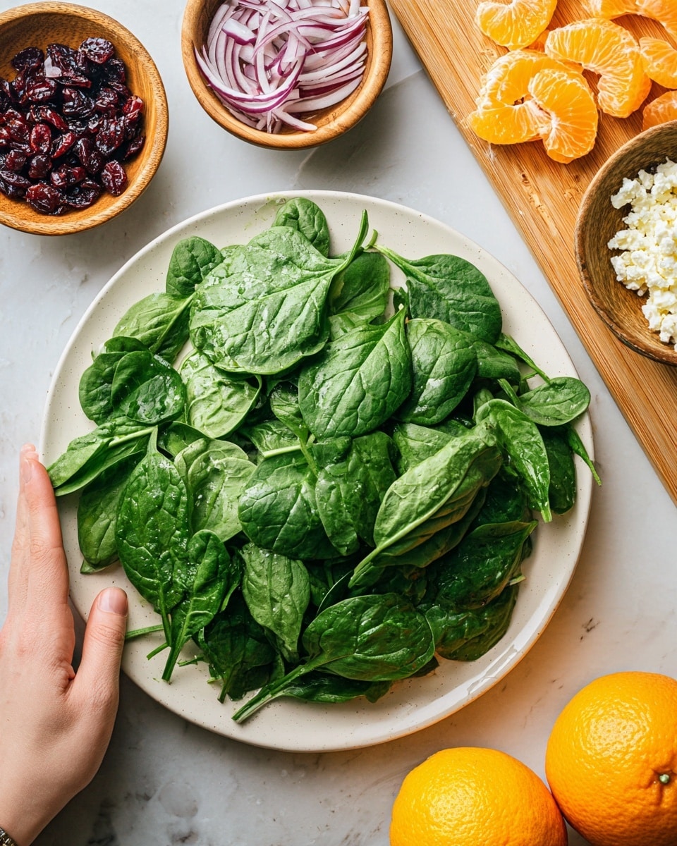 A white plate holds a large pile of fresh green spinach leaves with visible veins and smooth texture, slightly shiny. A woman's hand gently holds the edge of the plate from the bottom left corner. Above the plate, on a white marbled surface, there are three small bowls: one with thinly sliced purple-red onions showing curved shapes, one with dark red dried cranberries, and one wooden bowl filled with white crumbly cheese. On the right side of the image, two whole oranges with bright orange peels and some peeled orange segments are placed on a wooden board with a natural grain pattern. Photo taken with an iphone --ar 4:5 --v 7