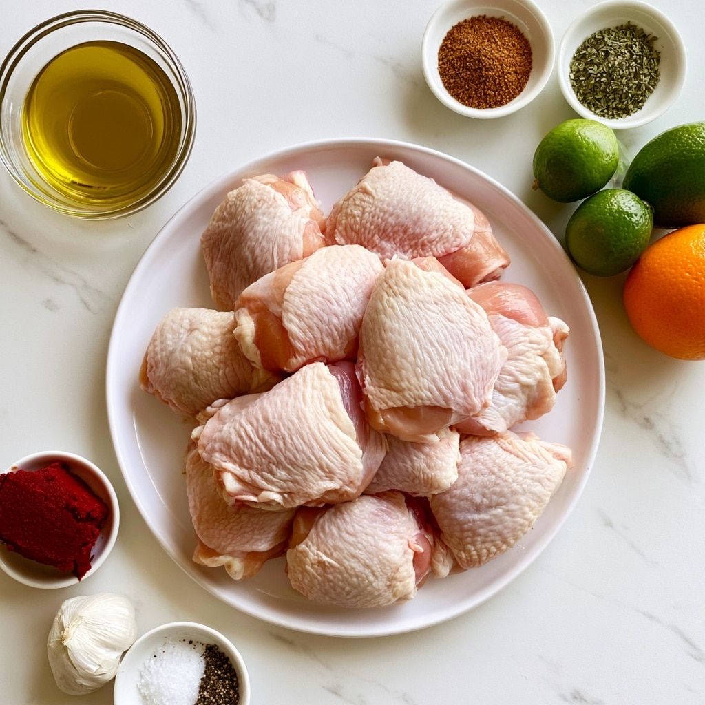 A white plate sits in the middle filled with a pile of light pink raw chicken thighs, each piece showing smooth, slightly textured skin and arranged loosely on top of each other, about ten pieces visible. Around the plate, placed on a white marbled surface, are several small white dishes and whole ingredients: top left has a clear glass bowl of golden olive oil; top right has two small white bowls, one with finely ground brown cumin and the other with dried green oregano flakes. Below these are whole fresh green limes and a whole orange with bright orange skin. At the bottom left, a small white bowl contains a block of deep red achiote paste, close to a whole white garlic bulb, and next to that is a small dish mixing white salt and dark pepper. The items are spaced evenly, forming a neat, balanced layout. Photo taken with an iphone --ar 4:5 --v 7