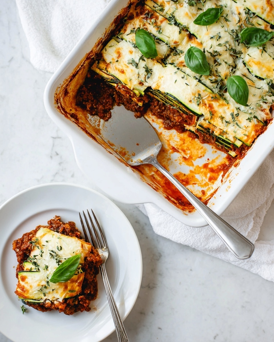 A white rectangular baking dish shows a layered zucchini lasagna with three main layers: a bottom dark brown cooked meat sauce layer visible along the edges, a middle layer of thick orange cheese, and a top layer of thin green zucchini strips covered with melted white cheese sprinkled with chopped green herbs, topped with whole fresh green basil leaves. A silver spatula with some orange cheese and sauce rests inside the dish where a piece has been taken out. On a white plate in front, one slice of lasagna is served showing all layers, topped with herbs and some melted cheese, alongside a fork. The setting is on a white marbled surface. Photo taken with an iphone --ar 4:5 --v 7