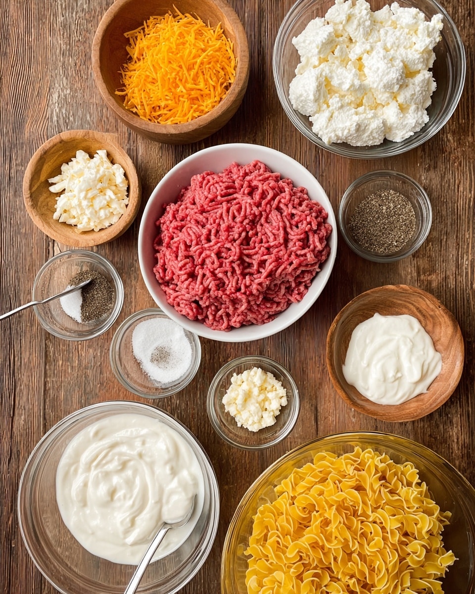 The image shows several bowls and containers with different cooking ingredients arranged neatly on a wood textured surface. In the center right, there is a white bowl filled with bright pink ground meat. Around it, there is a small wooden bowl with shredded orange cheese at the top, a glass bowl with white cottage cheese on the top right, and a glass bowl with thick white cream below the meat. At the bottom right, there is a large glass bowl with yellow egg noodles. Other smaller containers hold minced garlic, white powdered seasoning in a metal measuring spoon, a small glass bowl with granulated seasoning, another white small bowl with black pepper, salt, and dried herbs, and a small wooden bowl with shredded white cheese. Photo taken with an iphone --ar 4:5 --v 7