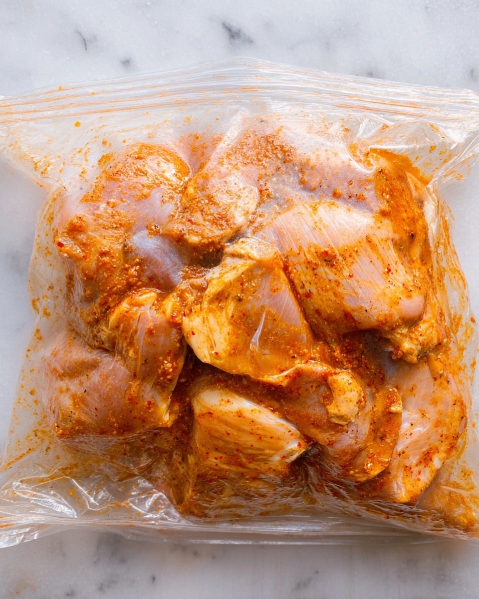 The image shows a clear plastic bag filled with multiple pieces of raw chicken marinated in a reddish-orange sauce with visible spices. The chicken pieces have a mixture of light pink and orange colors from the marinade, with some pieces slightly overlapping each other. The marinade appears slightly oily, giving a shiny texture to the chicken inside the transparent bag. The bag rests on a white marbled surface. photo taken with an iphone --ar 4:5 --v 7
