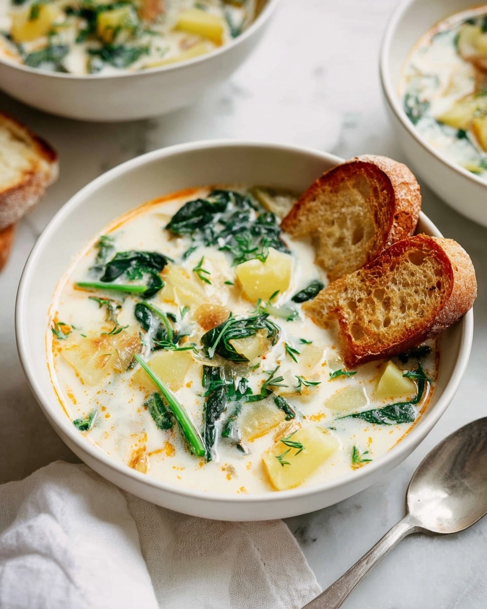 A white pot filled with creamy soup that has a pale yellow color with small bubbles on the surface, showing large pieces of green spinach leaves and thin orange carrot strips floating inside, along with chunks of white potato or chicken evenly mixed throughout the soup; a wooden spoon with a smooth brown texture rests partially in the soup, held by a woman's hand at the top right corner, all placed on a white marbled surface photo taken with an iphone --ar 4:5 --v 7