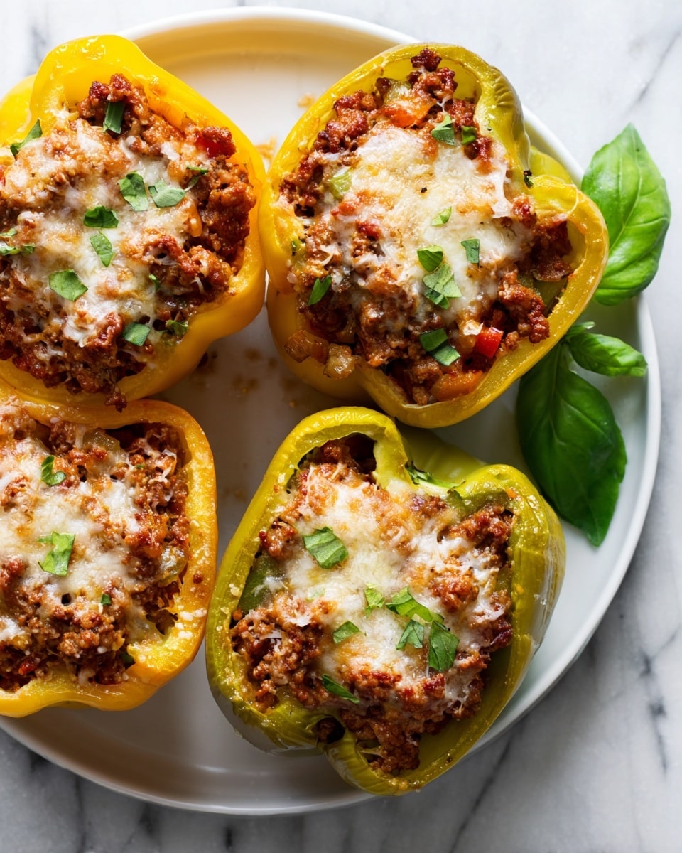 The image shows four yellow-green stuffed peppers sliced in half and placed on a white plate over a white marbled surface. Each pepper half is filled with a layer of brown cooked meat mixed with finely chopped vegetables, topped with a melted layer of light golden cheese with bubbly textures. The peppers are garnished with small green herb pieces sprinkled over the cheese and plate. There is a green herb leaf situated near the top right edge of the plate. Photo taken with an iphone --ar 4:5 --v 7