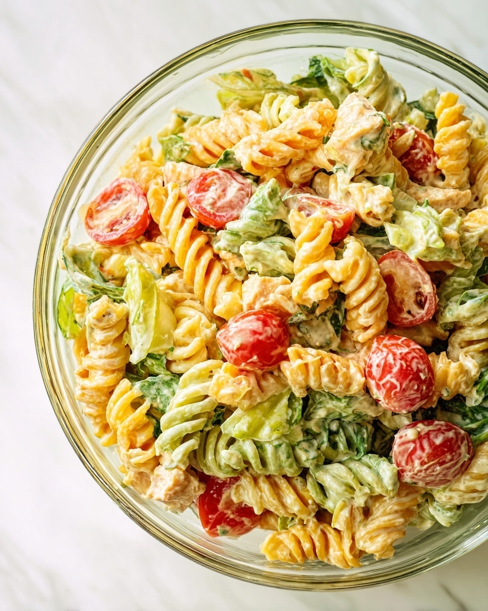 The image shows a large white bowl filled with three-color rotini pasta in green, orange, and light beige, mixed with small pieces of cooked chicken that are light brown. Cherry tomato halves in bright red are scattered throughout, along with fresh green spinach strips. On top of the pasta, there are crispy light golden croutons and white creamy dressing drizzled unevenly, sprinkled with black pepper and thin pale yellow cheese shavings. Surrounding the bowl on a white marbled surface, there are fresh spinach leaves, a bunch of cherry tomatoes, lemon halves, a small glass bowl of cheese shavings, and more golden croutons on a black and white checkered cloth. The photo is taken with an iphone --ar 4:5 --v 7