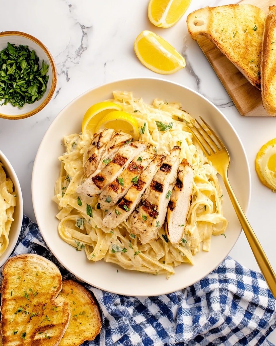 The dish shows a white plate with two main layers: a base layer of creamy pasta with a light yellow color and smooth texture, mixed with small green herb pieces, and a top layer of sliced grilled chicken with visible grill marks, light brown and white in color, arranged neatly on top of the pasta. A lemon wedge sits near the chicken on the plate. A gold fork rests at the plate's edge, partially on a blue and white checkered cloth. Around the plate, there is a small bowl filled with chopped green herbs, slices of bright yellow lemon, and two pieces of golden toasted bread on a white marbled surface. Photo taken with an iphone --ar 4:5 --v 7