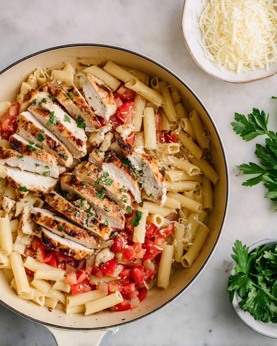 A close-up of a white plate holding a layered dish with three main layers: the bottom layer has pale yellow cooked penne pasta, the middle layer features golden and crispy grilled chicken slices with char marks, and the top layer is scattered with small, bright red tomato chunks and finely chopped green herbs. The dish is sprinkled with grated white cheese. The plate sits on a white marbled surface, with a blurred green pan and other kitchen items in the soft background. Photo taken with an iphone --ar 4:5 --v 7