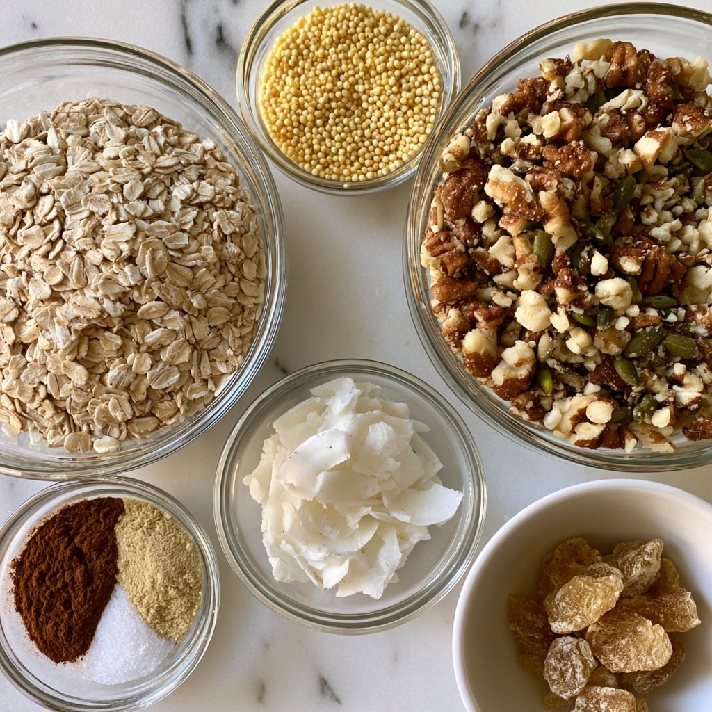 Six clear glass bowls and one white bowl are placed on a white marbled surface. The largest glass bowl on the left holds light beige rolled oats with a flat, layered texture. In the middle above, a smaller glass bowl contains small round, yellow millet grains with a fine grainy texture. To the right, a large glass bowl is filled with a mix of brown and cream-colored nuts and green seeds, showing rough and smooth textures. Below on the left, a tiny glass bowl holds dark brown cinnamon powder, light brown ginger powder, and white salt in separate sections. In the center below, a medium glass bowl contains white coconut flakes with a soft, flaky texture. On the bottom right, a white bowl contains small, uneven pieces of light brown candied ginger with a crumbly look. Each bowl and its contents are visible from a top angle photo taken with an iphone --ar 4:5 --v 7