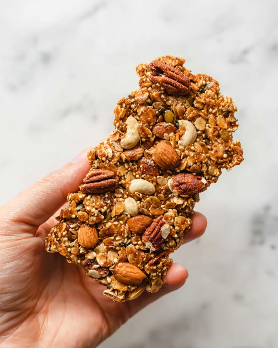 A close-up of a woman's hand holding a large, irregularly shaped granola bar with visible layers of oats, various seeds, and nuts, including pecans, almonds, and cashews, all mixed tightly together in a golden brown color. The texture looks crunchy and dense with small mustard-colored puffed grains spread throughout the bar. The background is a white marbled surface, softly blurred to keep the focus on the granola bar. photo taken with an iphone --ar 4:5 --v 7