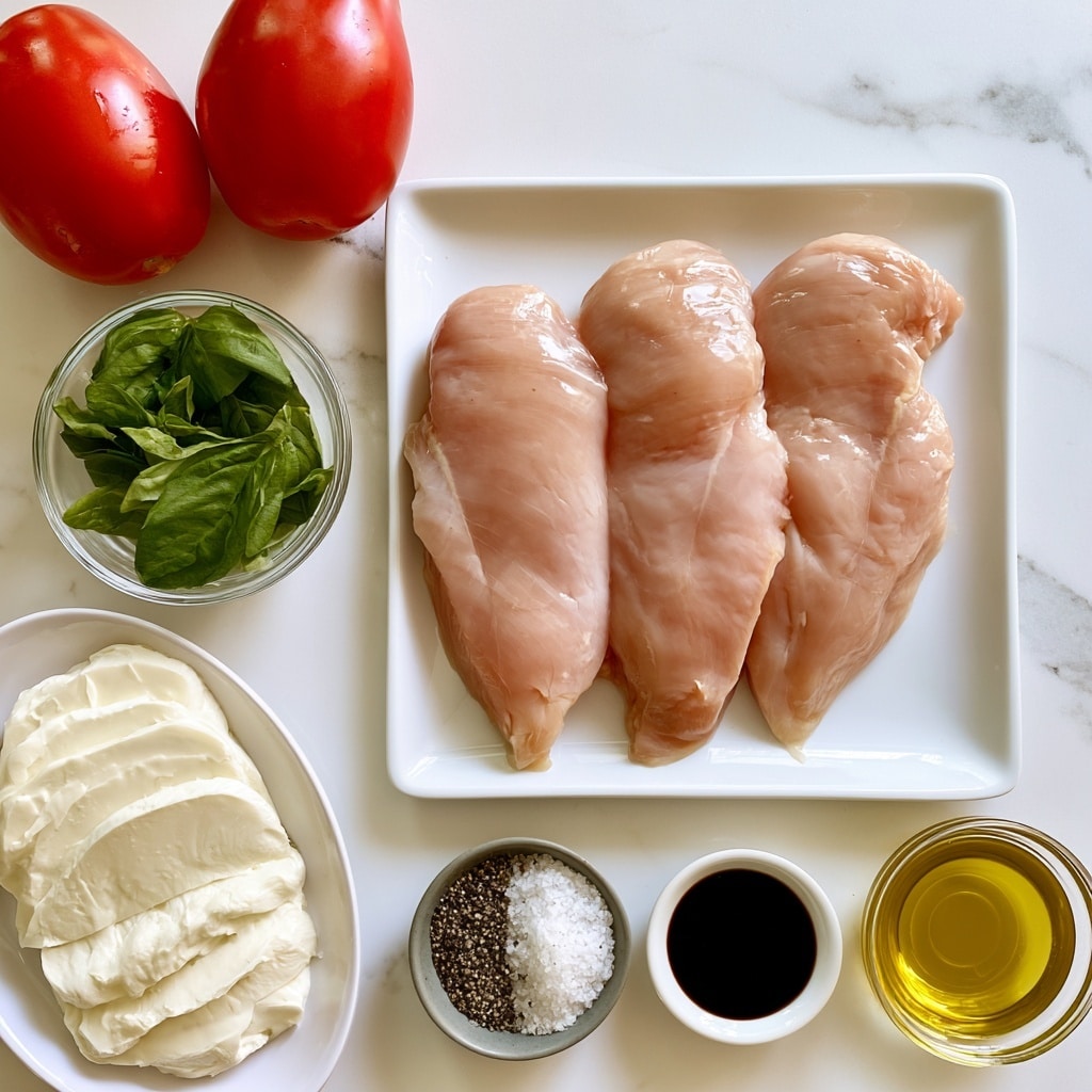 The image shows raw chicken layered with three smooth, pale pink pieces placed side by side on a white square plate at the center right. To the top left of the chicken, there are two bright red tomatoes with a shiny, smooth texture. Below the tomatoes, there is a small clear glass bowl filled with fresh green basil leaves. At the bottom left, there is a white oval plate stacked with several white slices of creamy mozzarella cheese. Near the bottom center, two small gray bowls contain black pepper and white sea salt. On the right side below the chicken plate, there is a small white dish with dark balsamic glaze and to its right, a small clear bowl filled with golden yellow olive oil. All items rest on a white marbled surface. Photo taken with an iphone --ar 4:5 --v 7