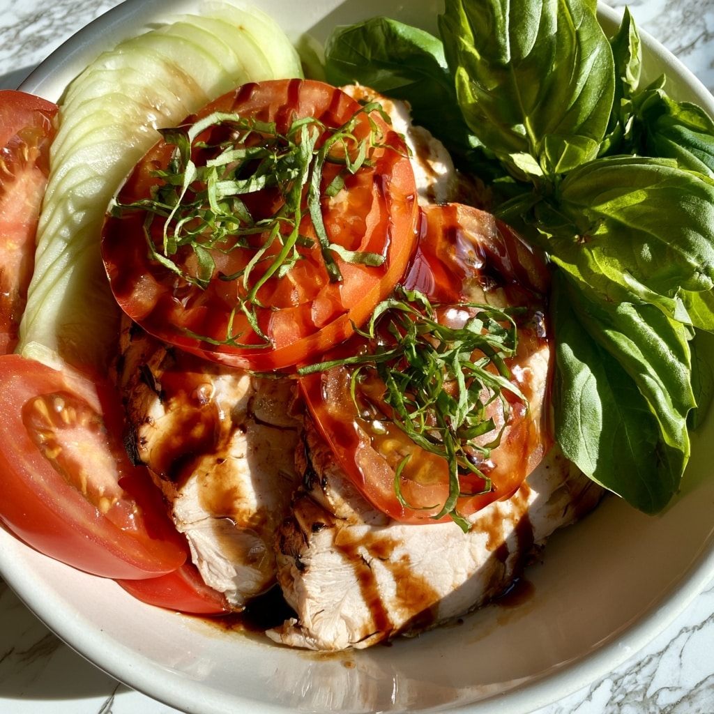 The image shows a white dish with several pieces of cooked chicken layered with creamy white cheese, topped with bright red, sliced tomatoes, and thin strips of fresh dark green basil. Dark balsamic glaze is drizzled over the top, creating thin lines across the cheese and tomatoes. The background is a white marbled surface, and some wooden green basil leaves are placed around the chicken. A light yellow oily sauce spreads around the chicken at the bottom of the dish photo taken with an iphone --ar 4:5 --v 7