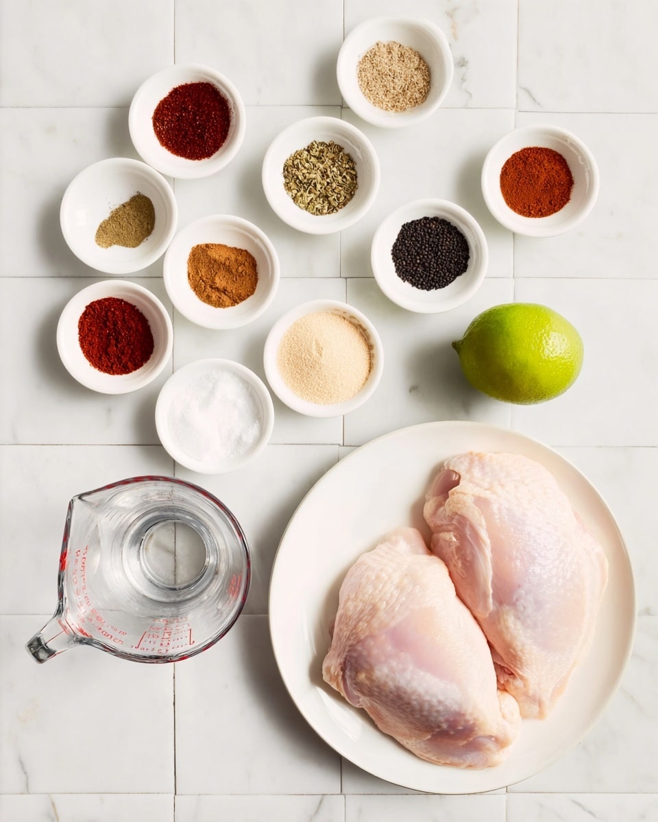 The image shows two raw light pink chicken pieces placed on a white round plate on the bottom right, with a set of small white bowls arranged above and to the left, each containing different spices with colors like red, brown, black, and beige. A lime green lime is placed in the middle, surrounded by the bowls. A clear measuring cup with black details is placed near the plate on a white marbled tile surface. The bowls and items form a neat grid pattern with clean lines on the background. photo taken with an iphone --ar 4:5 --v 7