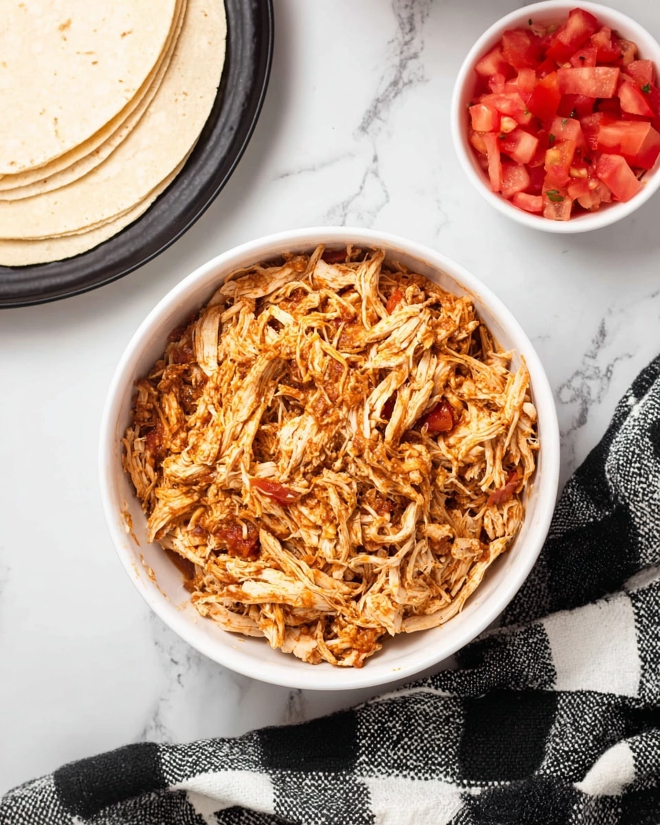 A white bowl is filled with shredded chicken mixed with a reddish-brown sauce, showing a mix of light and dark textures and small bits of seasoning. To the top right, there is a small white bowl filled with diced red tomatoes, and at the top left, a stack of light-colored tortillas rests on a black plate. The entire scene is placed on a white marbled surface, with a black and white checkered cloth partially underneath the bowl. Photo taken with an iphone --ar 4:5 --v 7