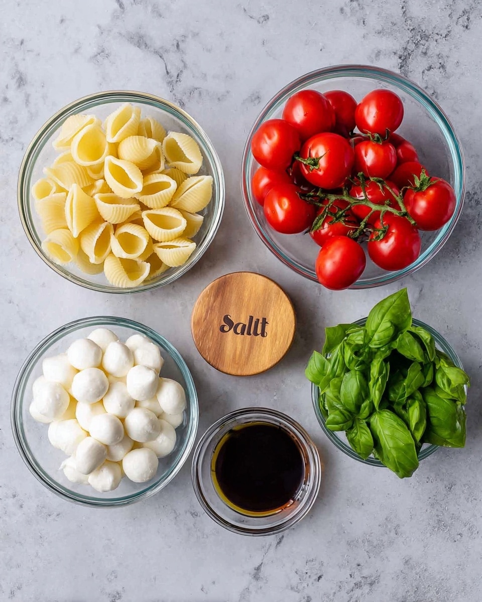 The image shows six clear glass bowls and a bunch of red cherry tomatoes on vine placed on a white marbled surface. The top-left glass bowl is filled with pale yellow uncooked conchiglie pasta shells. To the right, there is a bunch of shiny, bright red cherry tomatoes with green stems. Next to the tomatoes is a bowl full of small white mozzarella balls in water. Below the pasta bowl is a small wooden container with the word