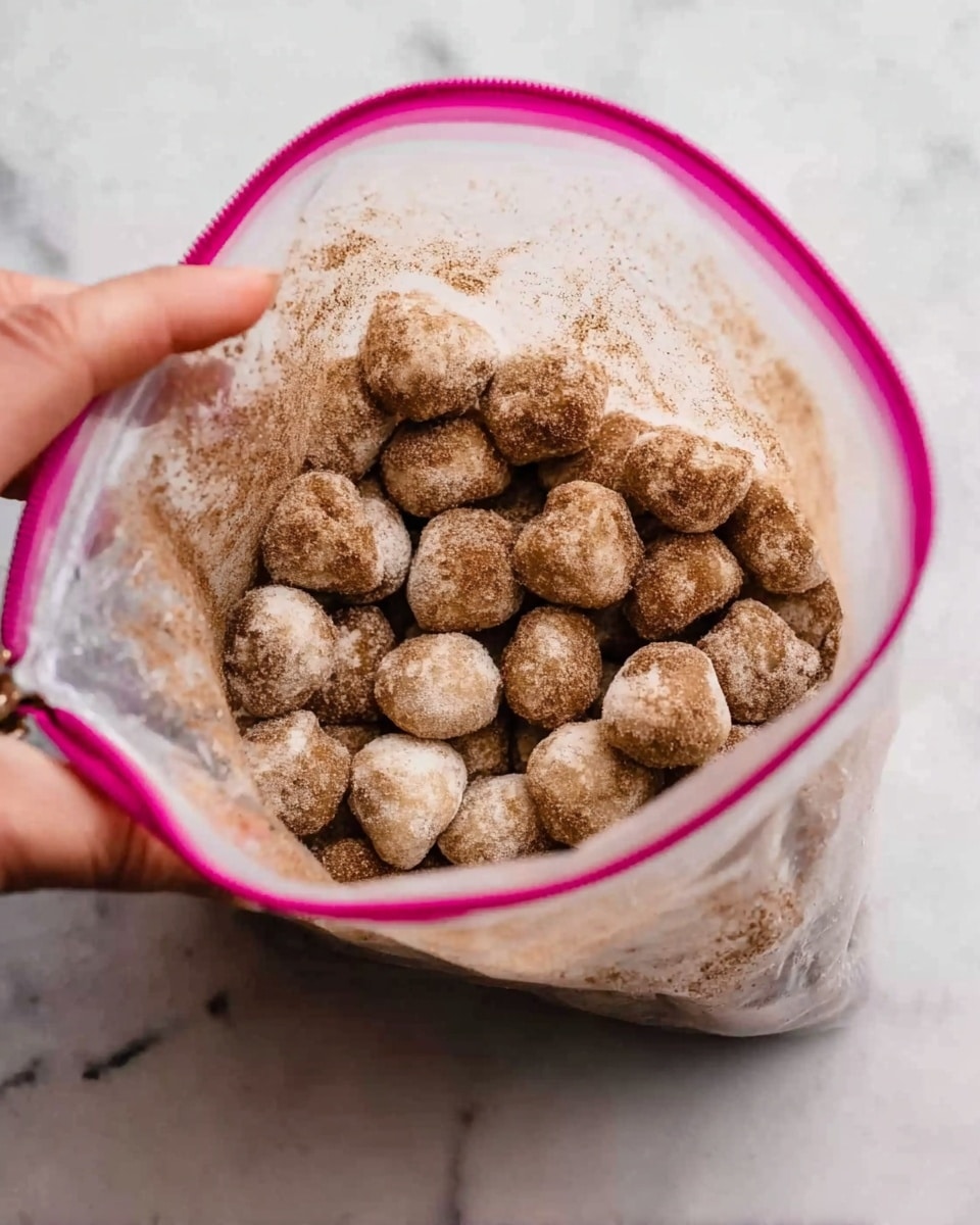 Inside a clear plastic bag with a pink zipper seal, small round dough pieces covered evenly with a brown powder are visible. The dough pieces have a light beige color and a soft texture, while the brown powder clings to their surface and the inside of the bag. A woman's hand gently holds the bag open from the lower left corner. The background shows a white marbled surface. photo taken with an iphone --ar 4:5 --v 7