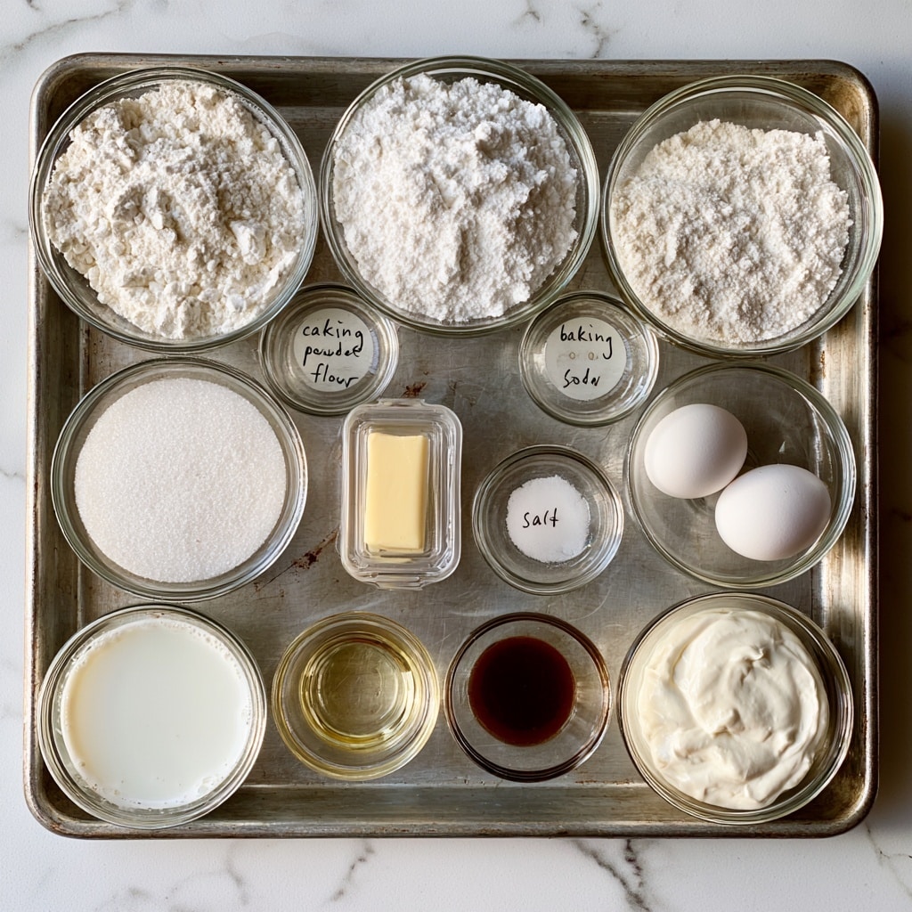 A top view of a metal baking tray on a white marbled surface holding 12 small clear glass bowls and containers with baking ingredients. In the top row, there are two large clear glass bowls filled with white powdery dry ingredients labeled