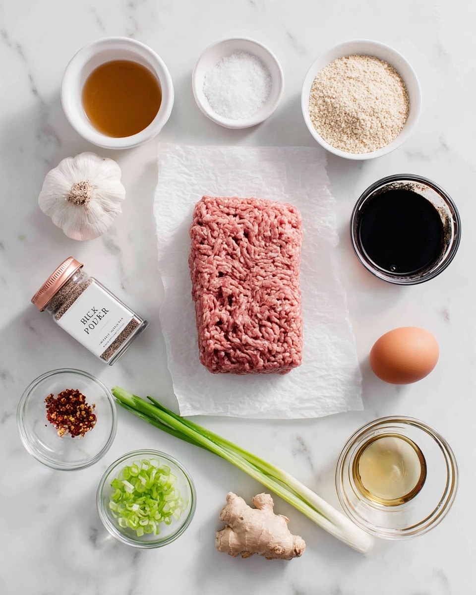 The image shows ingredients neatly arranged on a white marbled surface. In the center, there is a rectangular piece of raw ground meat on a piece of parchment paper, pink with a slightly crumbly texture. Surrounding it are small white bowls and clear glass containers: at the top left, a bowl with light brown liquid; next to it, a small bowl with coarse white salt; a small whole garlic bulb; a tiny white dish with red chili flakes; and a small bowl filled with light beige breadcrumbs. On the right side is a clear measuring cup filled with dark soy sauce and a small glass bowl with a single brown egg. Below, from left to right, a small clear bowl with thinly sliced green onions, a small clear bowl with dark soy sauce, a small white bowl with a golden liquid, and finally, a piece of fresh ginger root. On the left side, there are two glass spice jars with rose gold lids labeled