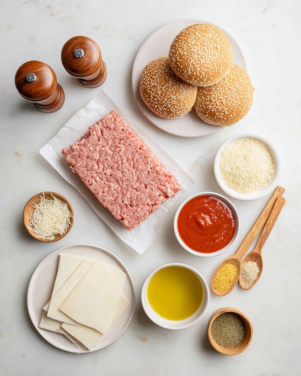 The image shows a flat lay on a white marbled surface with several ingredients arranged neatly. At the top right, there is a white plate holding three sesame seed burger buns stacked side by side. Below them is a rectangular block of light pink raw ground meat on a piece of paper. In the bottom left corner, a white plate holds slices of white cheese. Next to the meat, there is a small white bowl filled with bright red tomato sauce and another small white bowl with golden olive oil. Surrounding these are small wooden bowls and wooden spoons holding grated cheese, breadcrumbs, and green and yellow spices. Two wooden shakers are placed at the top left corner. The scene is clean, simple, and well-organized. photo taken with an iphone --ar 4:5 --v 7
