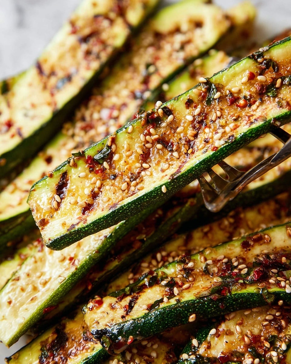 A fork holds up a long, thin grilled zucchini slice that is light green with dark green edges and grilled brown lines, sprinkled with sesame seeds and small bits of red and green seasoning. Below and behind it, there are many similar zucchini slices stacked and overlapping each other, all showing grill marks and seasonings. The background is a white marbled texture. Photo taken with an iphone --ar 4:5 --v 7