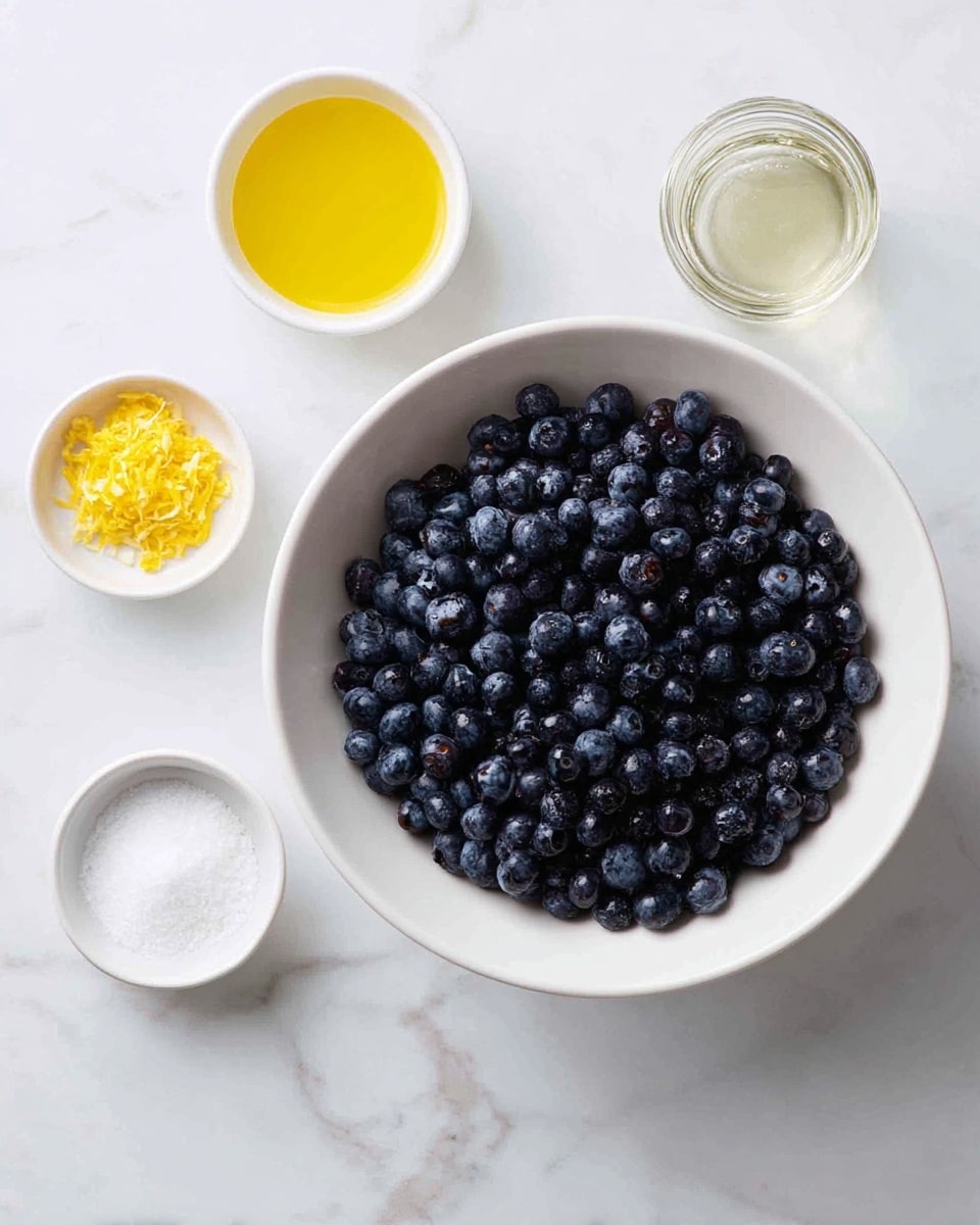 A large white bowl filled to the top with many fresh, dark blue blueberries sits in the center on a white marbled surface. Around it are four small white dishes: one with a bright yellow liquid, one with yellow lemon zest, one with fine white sugar, and a small glass jar holding a clear liquid. The arrangement is neat and simple, showing just the ingredients with no extra decoration, all on a soft white marbled background. photo taken with an iphone --ar 4:5 --v 7