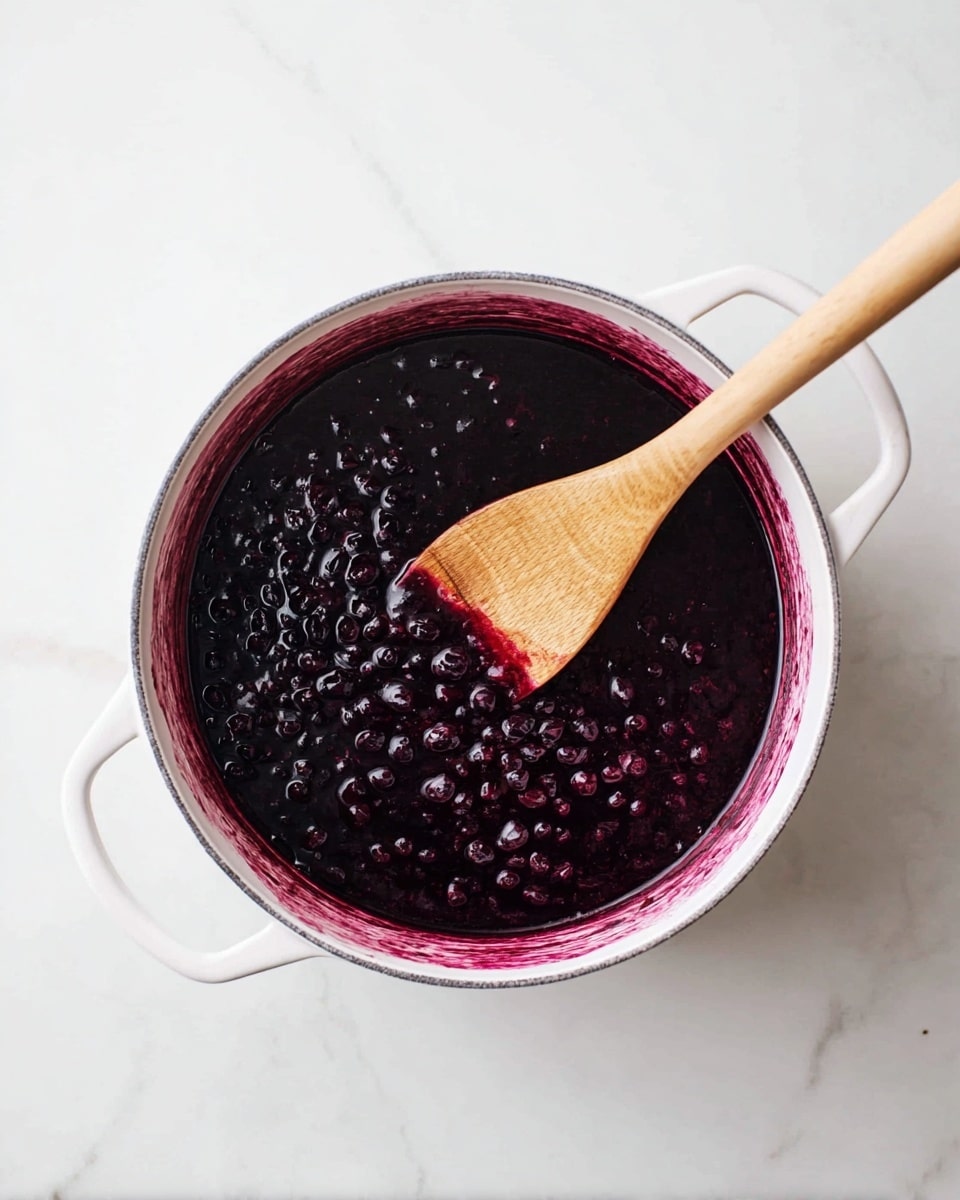A white pot filled with a thick dark purple mixture that has small whole berries visible throughout. A light wooden spoon rests inside the pot, partially dipped in the purple mixture, showing a glossy texture. The pot is placed on a white marbled surface, and the inside rim of the pot has traces of the purple mixture. Photo taken with an iphone --ar 4:5 --v 7
