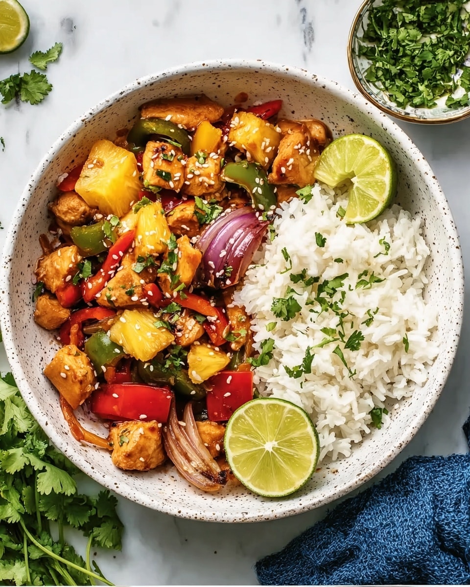 A white speckled bowl holds a colorful dish with two main sections: on the right, plain white rice with a light, fluffy texture; on the left, a mix of browned chicken pieces, red and green bell peppers, yellow pineapple chunks, and charred red onion slices, all topped with white sesame seeds and small green cilantro leaves. Two lime wedges sit between the rice and the chicken mixture, adding a bright green contrast. A bunch of fresh cilantro rests on the lower left edge of the bowl. The bowl is set on a white marbled surface with a blue cloth partially visible on the right side. photo taken with an iphone --ar 4:5 --v 7