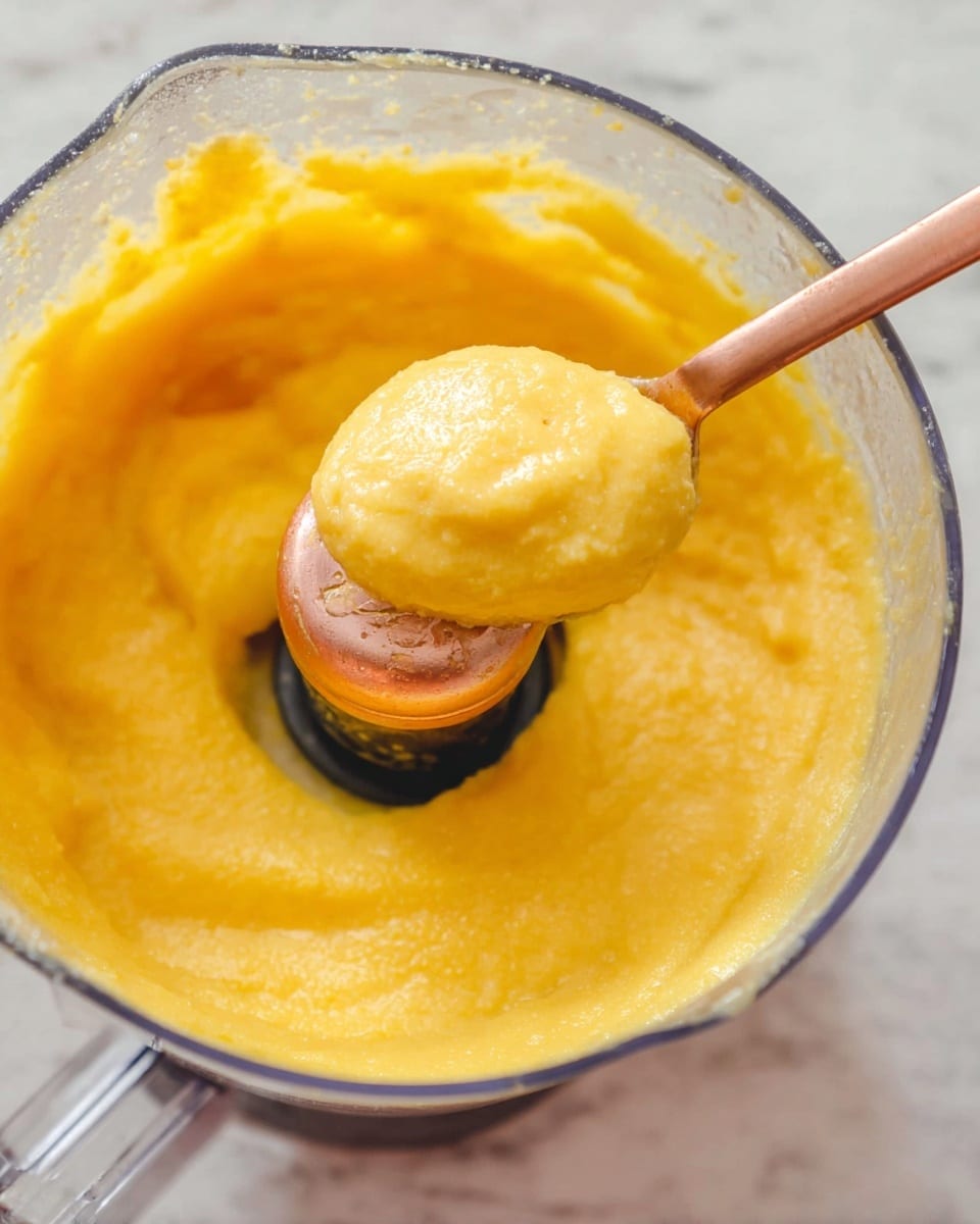 A close-up view of a clear food processor bowl filled with a smooth, bright yellow mixture that has a slightly thick and soft texture. A copper-colored spoon is scooping some of the yellow mixture from the right side of the bowl. The background surface is a white marbled texture. photo taken with an iphone --ar 4:5 --v 7