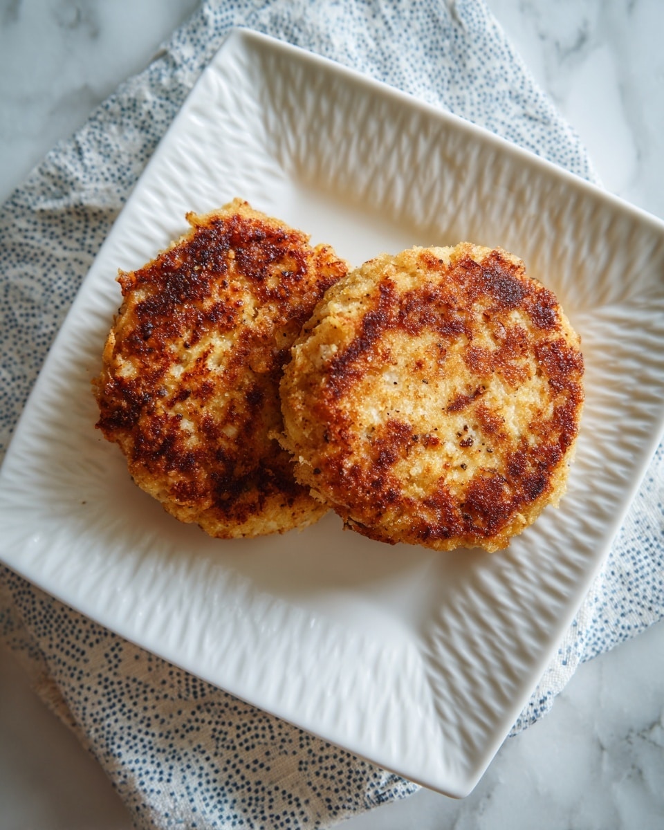 Two round, golden-brown patties with a crispy texture and small visible bits of seasoning are placed side by side on a white square plate with a textured raised pattern around the edges. The plate sits on a light blue and white spotted cloth, which is on a white marbled surface. The patties have a slightly uneven surface, giving a rustic and homemade feel. photo taken with an iphone --ar 4:5 --v 7