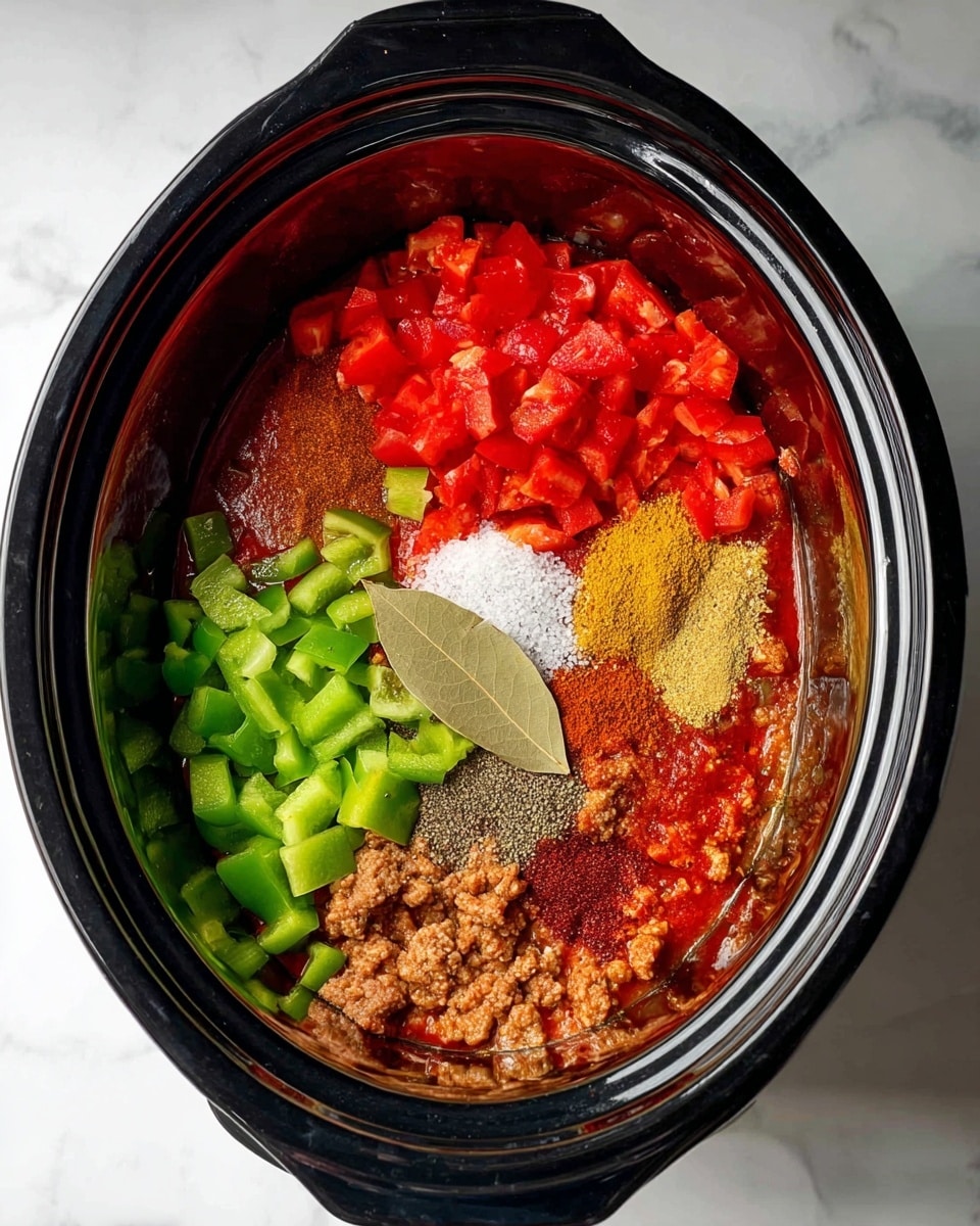 Inside a black slow cooker, there are many colorful ingredients arranged in distinct layers: at the bottom, chunky green bell peppers sit next to finely ground light brown meat. Above them, there are two types of diced red tomatoes, one brighter and the other deeper in red color. Scattered on top are several piles of ground spices in yellow, brown, and red tones, alongside white granules and black pepper. A single bay leaf rests prominently among the spices. The slow cooker is on a white marbled surface. Photo taken with an iphone --ar 4:5 --v 7