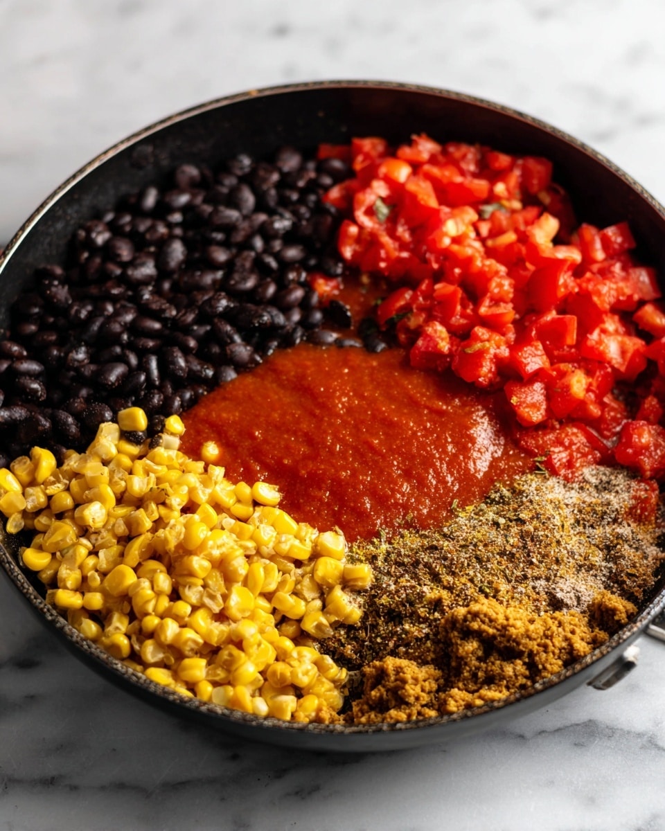 A black pan sits on a white marbled surface, filled with five clear layers of ingredients placed side by side. Starting from the top left, there are dark black beans with a smooth, round texture. Next to the beans on the upper right, there are bright red diced tomatoes with a slightly wet and chunky texture. Below the beans on the bottom left, there is a pile of golden yellow corn kernels with a shiny surface. To the right of the corn, a smooth and thick red sauce fills its section. On the bottom right, there is a brown crumbly layer with specks of seasoning and small bits mixed in. The photo taken with an iphone --ar 4:5 --v 7