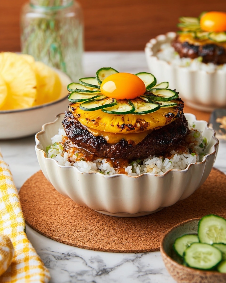 A white scalloped bowl filled with a base layer of white rice mixed with small bits of seaweed, topped with two thick, dark brown grilled patty layers with melted orange cheese slices between them; above is a grilled round pineapple ring with shiny green curled cucumber slices arranged like petals on top, crowned with a smooth, bright orange egg yolk in the center. The bowl sits on a cork mat with a white marbled texture background, alongside a white bowl of pineapple rings and white bowl of sliced cucumbers, with a glass jar and a yellow checkered cloth nearby. Photo taken with an iphone --ar 4:5 --v 7