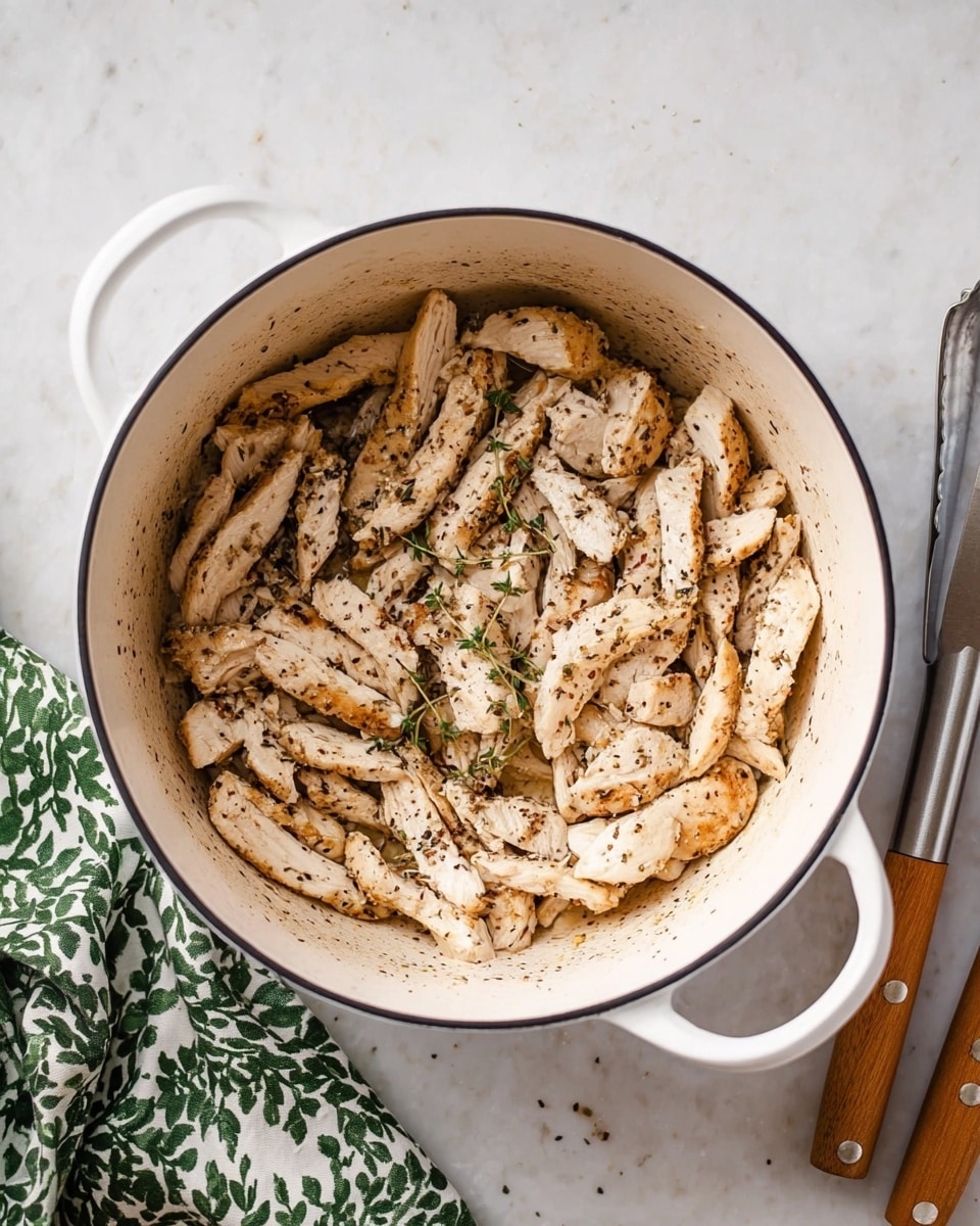 The image shows a white pot filled with cooked strips of light brown chicken with black pepper and herb seasoning scattered evenly on top. The chicken pieces are arranged loosely across the single visible layer inside the pot. The pot is set on a white marbled surface with a green leafy patterned cloth on the left side and a pair of metal tongs with wooden handles on the right. Photo taken with an iphone --ar 4:5 --v 7