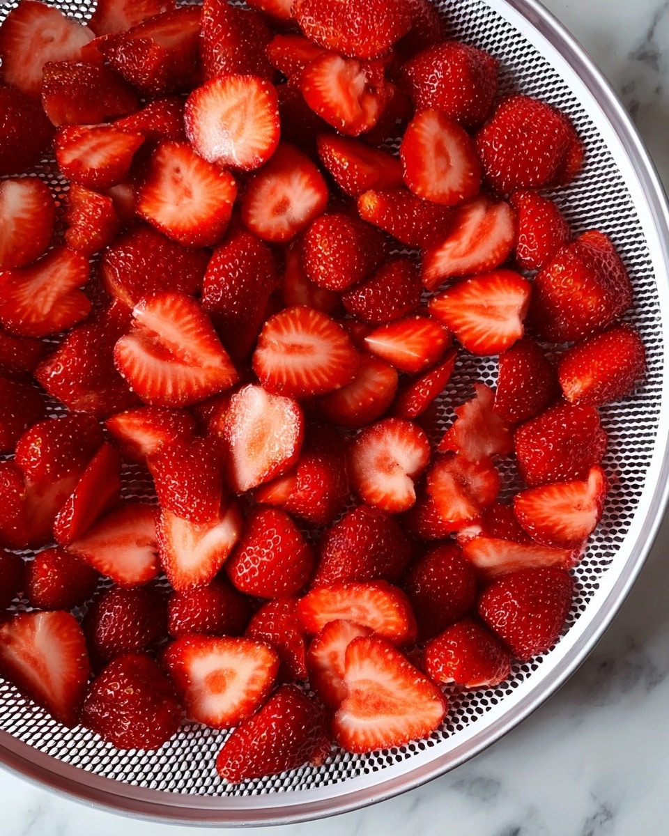 A white round tray filled with many bright red strawberry halves spread evenly on a black mesh base that allows air to pass through, showing the shiny, juicy texture of the strawberries. The tray edges are smooth and circular, framing the fruit neatly. The background is a white marbled surface. photo taken with an iphone --ar 4:5 --v 7