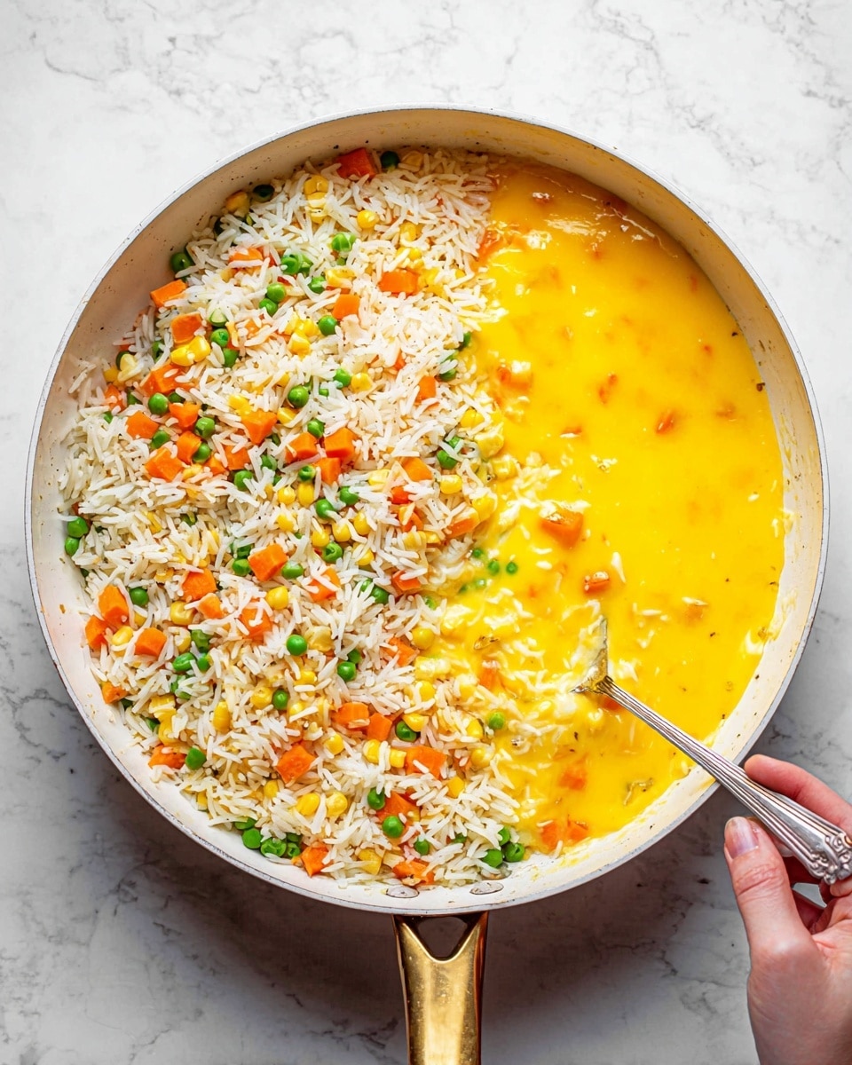 A white pan on a white marbled surface holds a mixture of cooked white rice with bright orange carrot cubes, green peas, and yellow corn kernels covering about three-quarters of the pan, showing a textured, fluffy layer. On the right side of the pan, there is a smooth, glossy layer of bright yellow beaten eggs being stirred with a silver spoon held by a woman's hand gripping the pan handle with a golden finish. The contrast between the colorful rice and the yellow eggs creates a visually distinct two-part composition. photo taken with an iphone --ar 4:5 --v 7