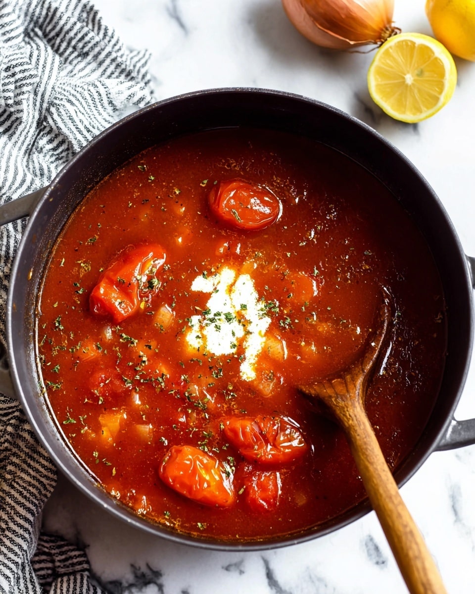 A black pot filled with thick tomato soup shows several whole peeled tomatoes floating in a deep red broth with small chunks of onion and herbs. A dollop of cream sits near the center, adding a white creamy contrast. A wooden spoon rests inside the pot on the right side. The pot is placed on a white marbled surface with part of a striped cloth visible on the left and a halved lemon and onion at the top right corner. Photo taken with an iphone --ar 4:5 --v 7