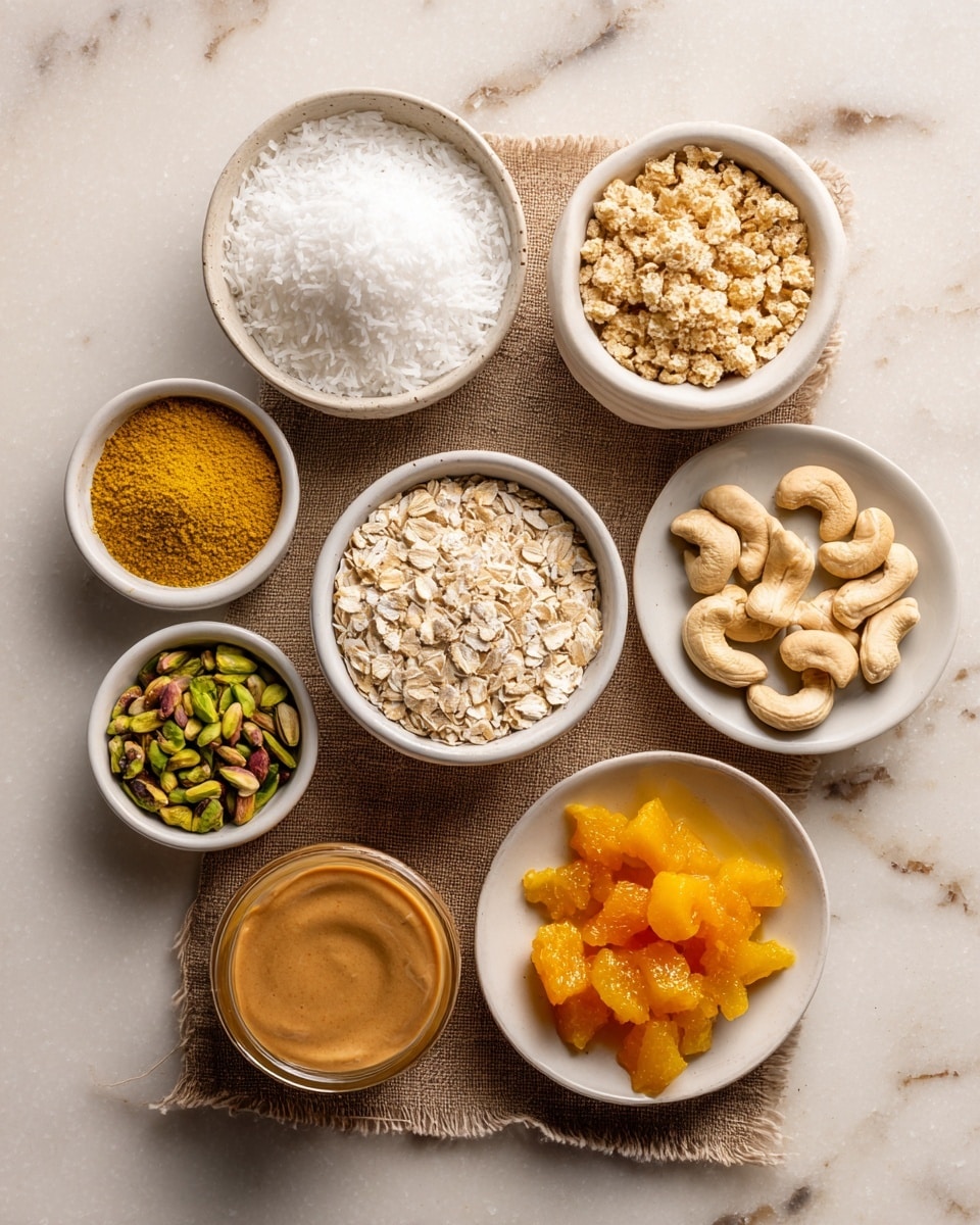 The image shows nine small round white bowls and piles of ingredients arranged neatly on a brown burlap cloth against a white marbled surface. At top center is a bowl filled with white shredded coconut, and to its right is a bowl of light tan puffed rice cereal. Below the coconut is a bowl of light beige rolled oats. To the left of the oats are two small white bowls with powder spices: ground ginger in a pale yellow shade and curry powder in a deeper yellow shade. Below the spices is a small pile of light beige cashew nuts. At center right is a bowl of golden honey with a smooth surface. Below the cashews and honey is a bowl of light brown creamy peanut butter. At bottom left is a pile of green pistachio nuts, and at the bottom right is a pile of bright orange dried mango pieces. The overall colors are neutral with pops of yellow, green, and orange, with a clean and tidy layout photo taken with an iphone --ar 4:5 --v 7
