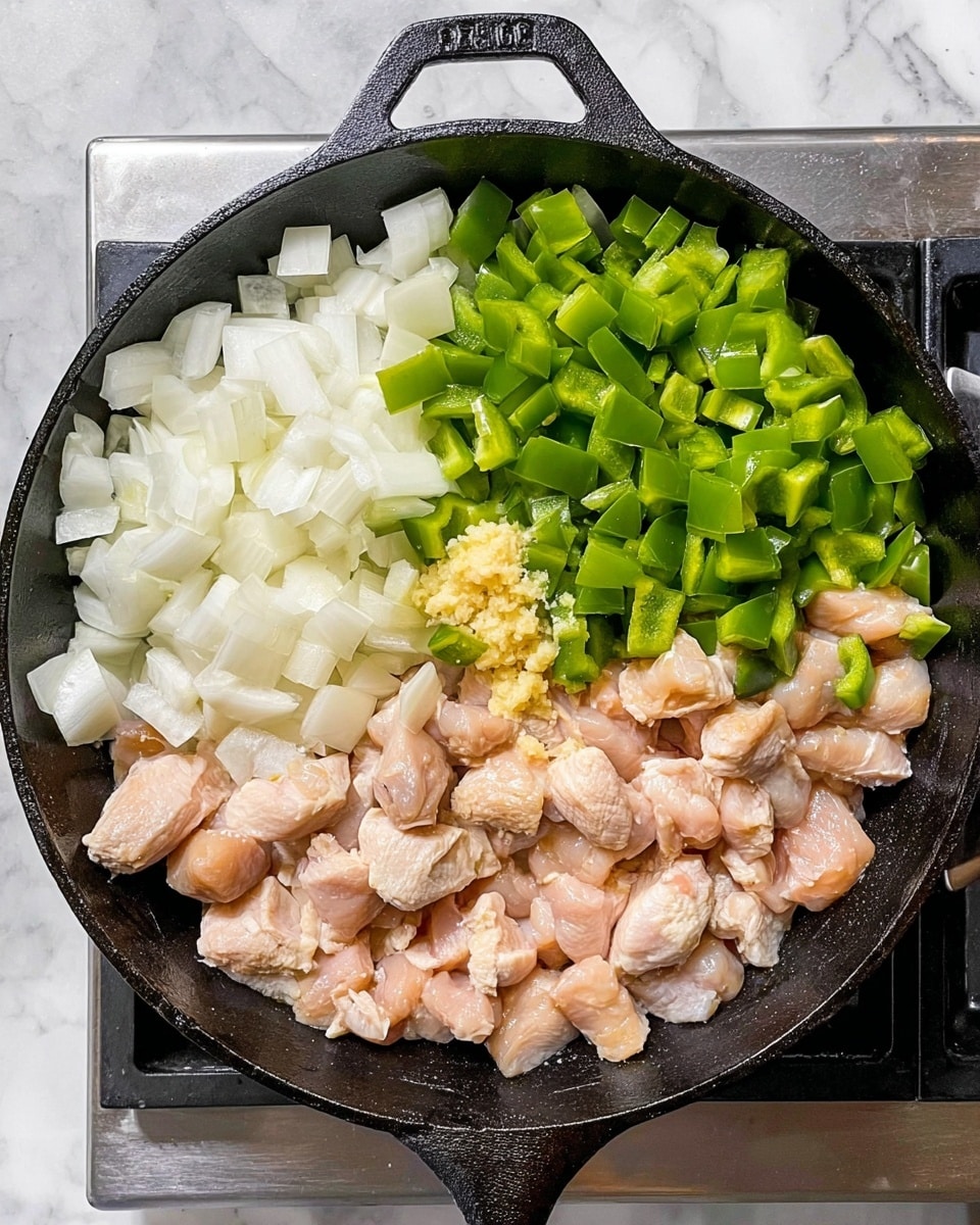 In a black cast iron pan, there is a mix of raw, chopped chicken pieces forming the bottom layer, pale pink and chunky. On the top left side of the pan, there is a layer of chopped white onions, with their smooth, white texture and square shapes. To the right of the onions, there is a layer of chopped green bell peppers, bright and fresh-looking, adding a vibrant green color. In the middle, on top of the chicken and near the onions, there are small dollops of light tan and creamy yellow minced garlic and ginger, giving a soft texture contrast. The pan is placed on a stove with a stainless steel edge and the background features a white marbled surface. Photo taken with an iphone --ar 4:5 --v 7