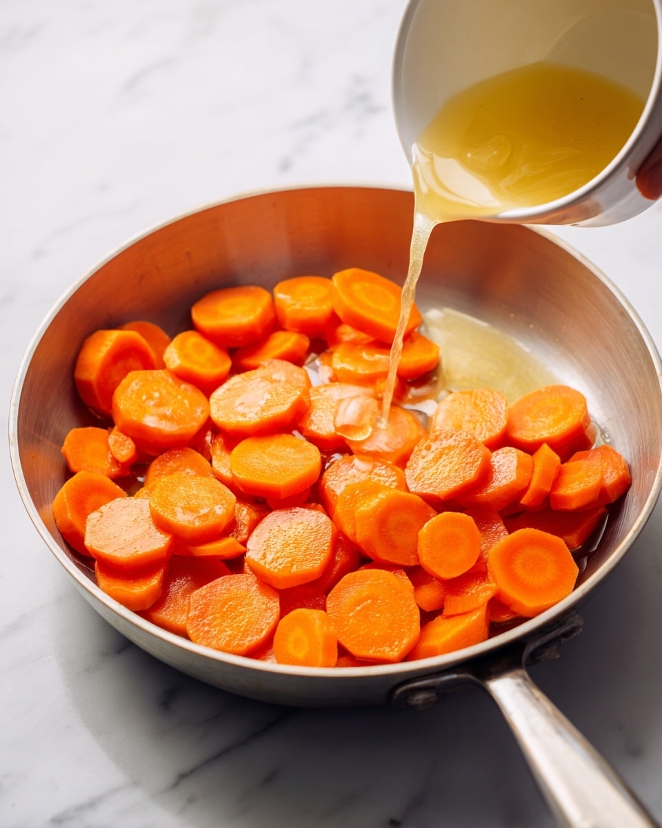 This image shows a silver frying pan on a white marbled surface. Inside the pan are multiple round slices of cooked orange carrots spread evenly across the bottom. A white cup held by a woman's hand is pouring a light golden liquid, likely honey or syrup, into the pan from the left side. The pan has a metallic handle extending toward the bottom center of the image. The colors mainly include bright orange for the carrots, silver for the pan, and white for the cup and background. photo taken with an iphone --ar 4:5 --v 7