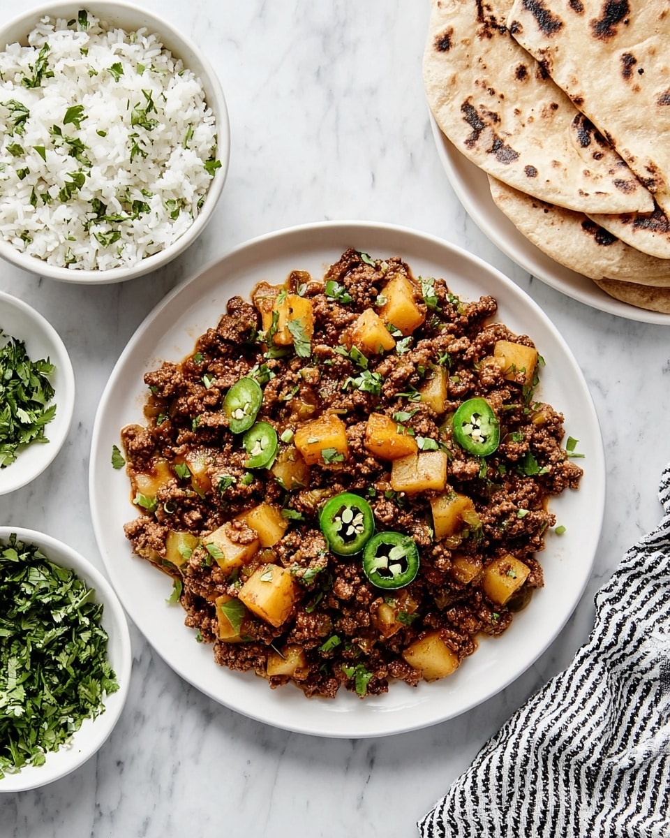 A white plate shows a mix of cooked ground meat with small yellow potato cubes and bits of onions in a brown sauce base, garnished with green sliced jalapeños and chopped fresh green herbs on top. To the left are two white bowls, one filled with plain white rice sprinkled with green herbs and the other with more chopped green herbs. On the right, there is a white plate holding folded, toasted flatbreads with a light brown charred surface. The setting is on a white marbled surface with a black and white striped cloth near the bowls. Photo taken with an iphone --ar 4:5 --v 7