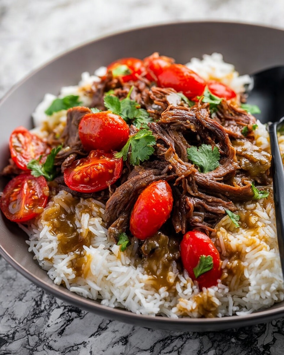 A white bowl filled with a base layer of white rice, topped with shredded dark brown meat in the center. Bright red grape tomatoes, some sliced in half, are placed on the left side of the meat. A light brown sauce is drizzled across the meat, rice, and tomatoes. Small pieces of fresh green herbs are scattered on top of the meat and tomatoes. The bowl is set on a white marbled textured surface. Photo taken with an iphone --ar 4:5 --v 7