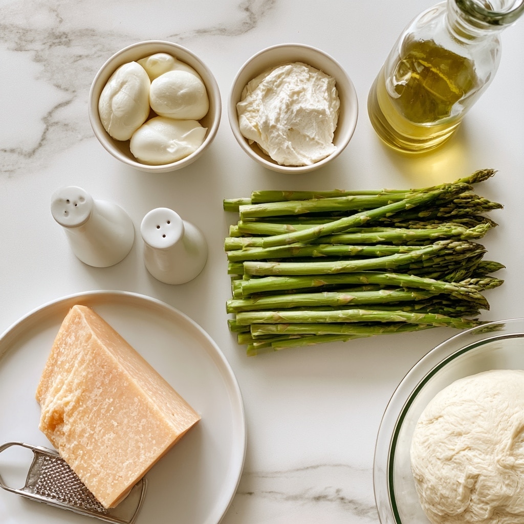 The image shows a white marbled surface with ingredients for cooking arranged neatly. On the left, there is a white plate with a large piece of light orange Parmesan cheese on a small silver grater. Next to it, two white salt and pepper shakers sit side by side. Above this, two small white bowls hold soft cheese—one has white mozzarella, and the other has creamy white cream cheese. To the right of these, a bunch of fresh green asparagus lies horizontally, stacked neatly with tips pointing to the top left. At the top right is a clear glass bottle partially filled with golden olive oil. In the bottom right corner, a transparent bowl contains uncooked white pizza dough. The whole setup is clean and bright. photo taken with an iphone --ar 4:5 --v 7