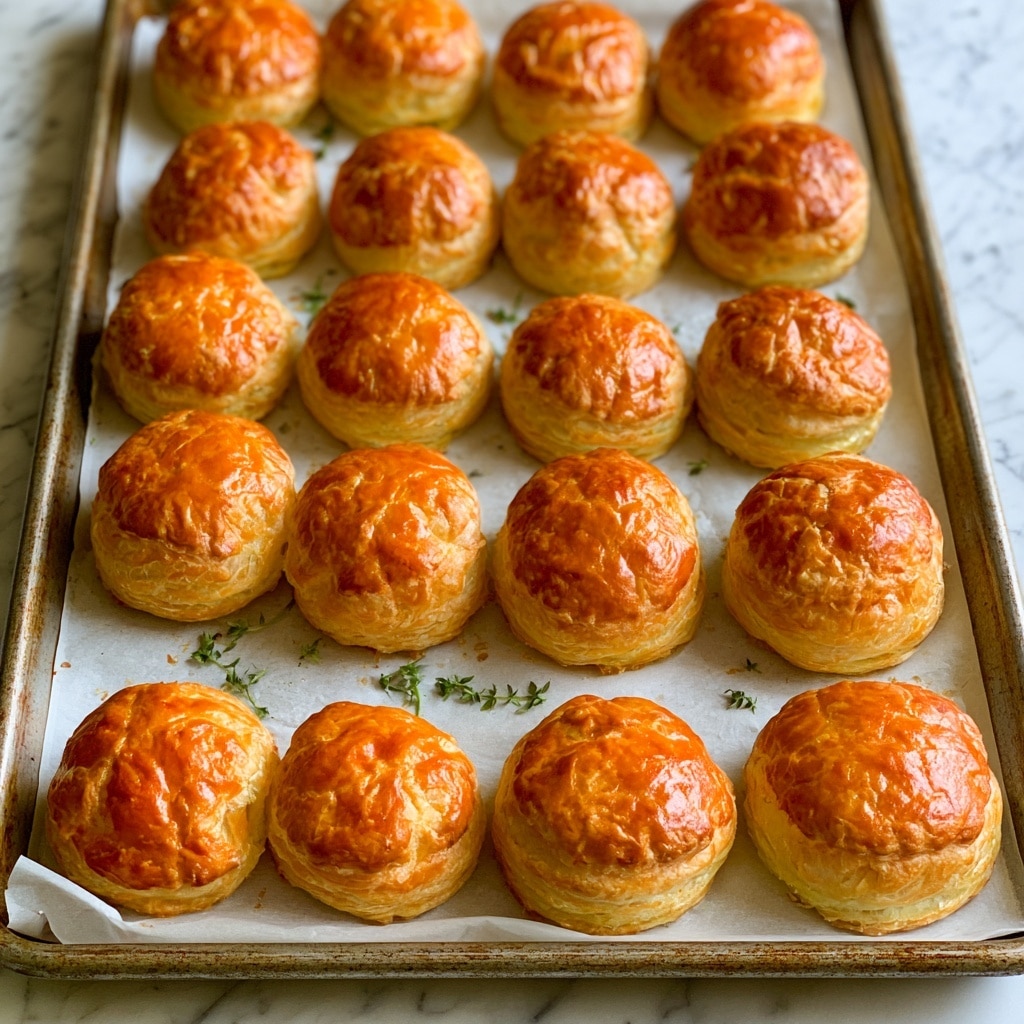 The image shows a tray of round, golden-brown puff pastry puffs arranged in neat rows on white parchment paper. The puffs have a shiny, smooth, slightly cracked surface with an even, warm orange-gold color from baking. The tray is rustic metal and rests on a white marbled surface. A few small green herb sprigs are scattered lightly on the parchment for decoration. photo taken with an iphone --ar 4:5 --v 7