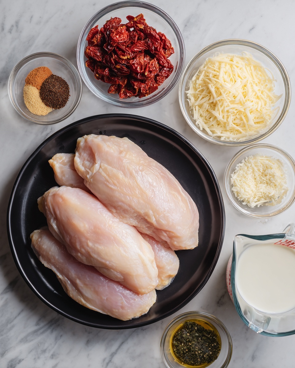 The image shows three raw pale pink chicken pieces stacked on a black plate in the center on a white marbled surface. Around the plate are small clear glass bowls and silver measuring cups with wooden handles holding various ingredients: bright red sun-dried tomatoes, light brown granulated powder, golden yellow oil, dark green pesto, white granulated salt mixed with black pepper, shredded white mozzarella cheese, grated pale yellow Parmesan cheese, and a clear glass measuring cup with white milk. Everything is neatly arranged and clearly visible. Photo taken with an iphone --ar 4:5 --v 7