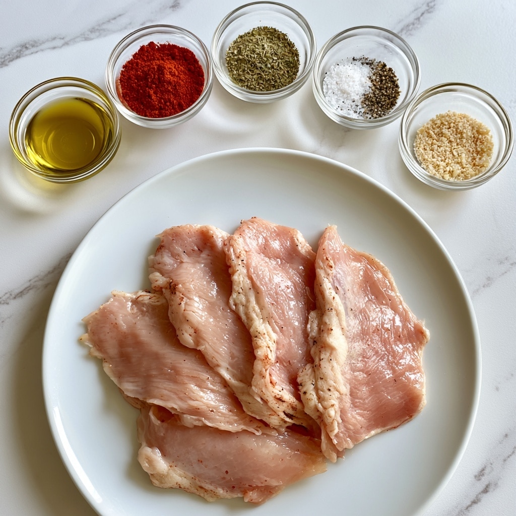 The image shows a white plate holding five thinly sliced, light pink raw chicken pieces arranged overlapping each other at the bottom center. Above the plate on a white marbled surface, there are five small clear glass bowls arranged loosely in a semi-circle. From left to right, the first bowl contains golden-yellow olive oil, the second bowl red smoked paprika powder, the third bowl dried oregano with a greenish color, the fourth bowl white salt mixed with black pepper, and the fifth bowl light beige garlic powder. Each ingredient bowl is labeled with bold black text inside semi-transparent white text boxes. Photo taken with an iphone --ar 4:5 --v 7
