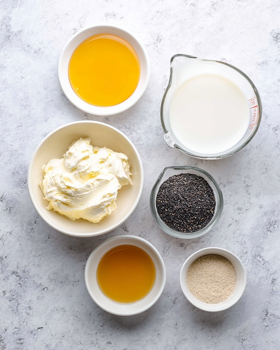 The image shows five white bowls and one small clear glass measuring cup arranged on a white marbled surface. The top left white bowl contains a small pool of golden yellow honey, smooth and shiny. Below it, a larger white bowl holds two creamy ingredients: a white thick cream and a beige paste side by side with a soft texture. To the right of these, the clear glass measuring cup is filled halfway with white liquid cream. At the bottom right, a smaller white bowl divides two dry ingredients: black poppy seeds and pale brown powder placed next to each other. The bottom center white bowl holds a light amber liquid that looks like syrup or oil. Photo taken with an iphone --ar 4:5 --v 7