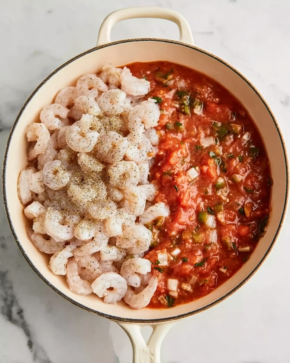 A cream-colored pan shows a dish with two main layers: on the left, a pile of raw pale pink shrimp sprinkled with black pepper, and on the right, a thick red-orange sauce mixed with small pieces of green herbs and diced onions. The pan rests on a white marbled surface, highlighting the colors and textures of the shrimp and the sauce. photo taken with an iphone --ar 4:5 --v 7