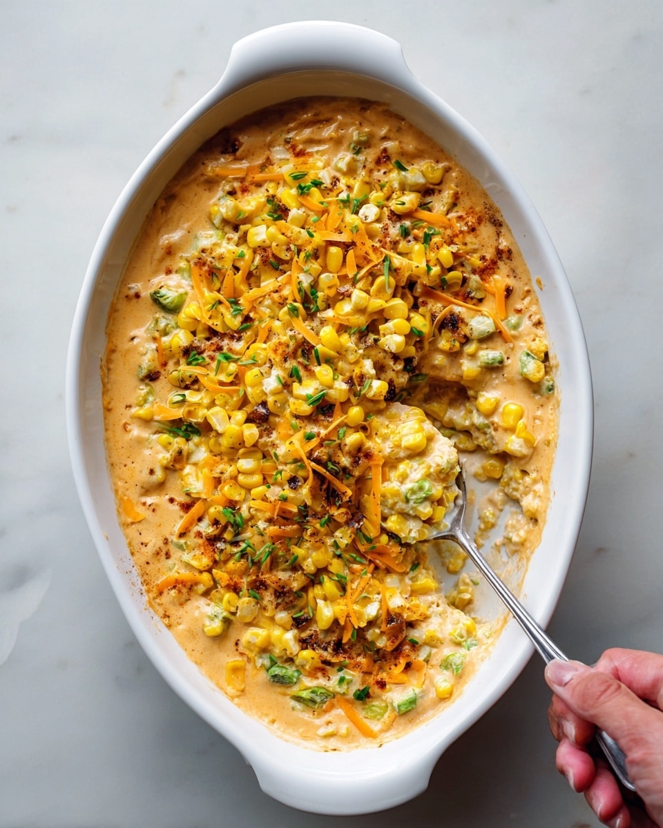 A white oval dish with creamy orange sauce as the base layer fills most of the dish, topped with bright yellow grilled corn kernels mixed with small green pieces and thin strips of orange cheese scattered on top. The dish is set against a white marbled surface, and a woman's hand is holding a spoon that is lifting some of the mixture from the right side of the dish. Photo taken with an iphone --ar 4:5 --v 7