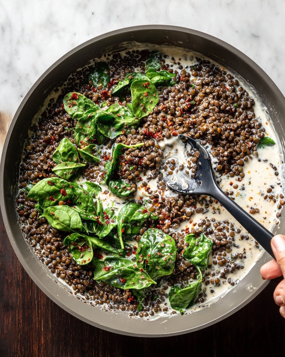A close top view of a gray pan filled with cooked dark brown lentils mixed with white creamy sauce that has red specks in it, and fresh green spinach leaves scattered on top, a black spoon is partly immersed in the mixture on the right side, a woman's hand is holding the spoon handle, all placed on a white marbled surface photo taken with an iphone --ar 4:5 --v 7