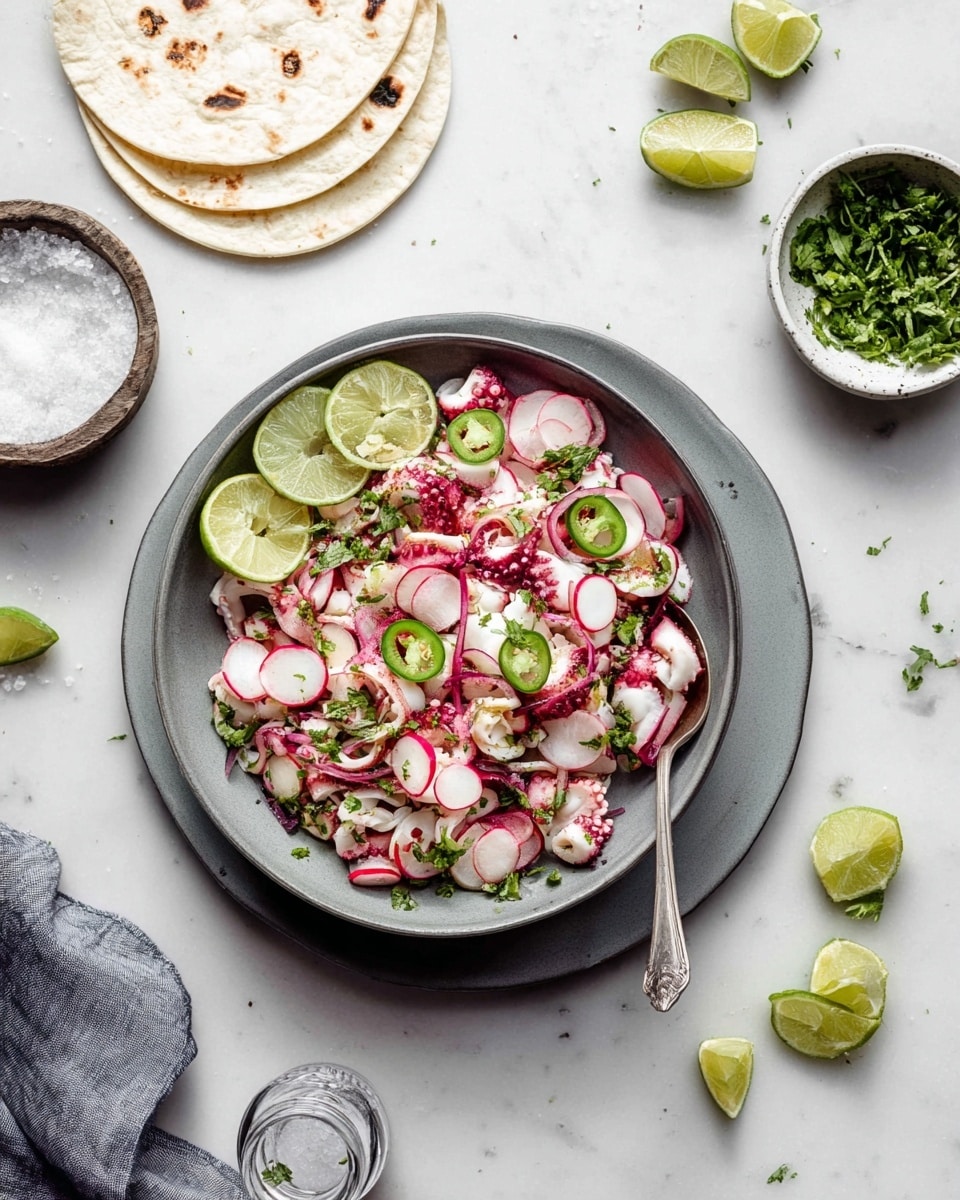 A gray bowl filled with a colorful salad is placed on a matching gray plate. The salad has white and pink octopus pieces as the base layer, mixed with thin slices of red onion and red radishes scattered on top. Green sliced jalapeños and chopped green herbs are spread evenly throughout the salad. Three lime slices are placed on the left side of the bowl inside, while additional lime slices are scattered around the plate and white marbled surface. To the top right, there is a small white bowl filled with more chopped green herbs, and two white tortillas are positioned at the top left. A silver spoon rests inside the bowl on the right side. A glass jar with white salt is on the left side on the white marbled surface, with some loose herbs and cloth on the lower left corner. Photo taken with an iphone --ar 4:5 --v 7