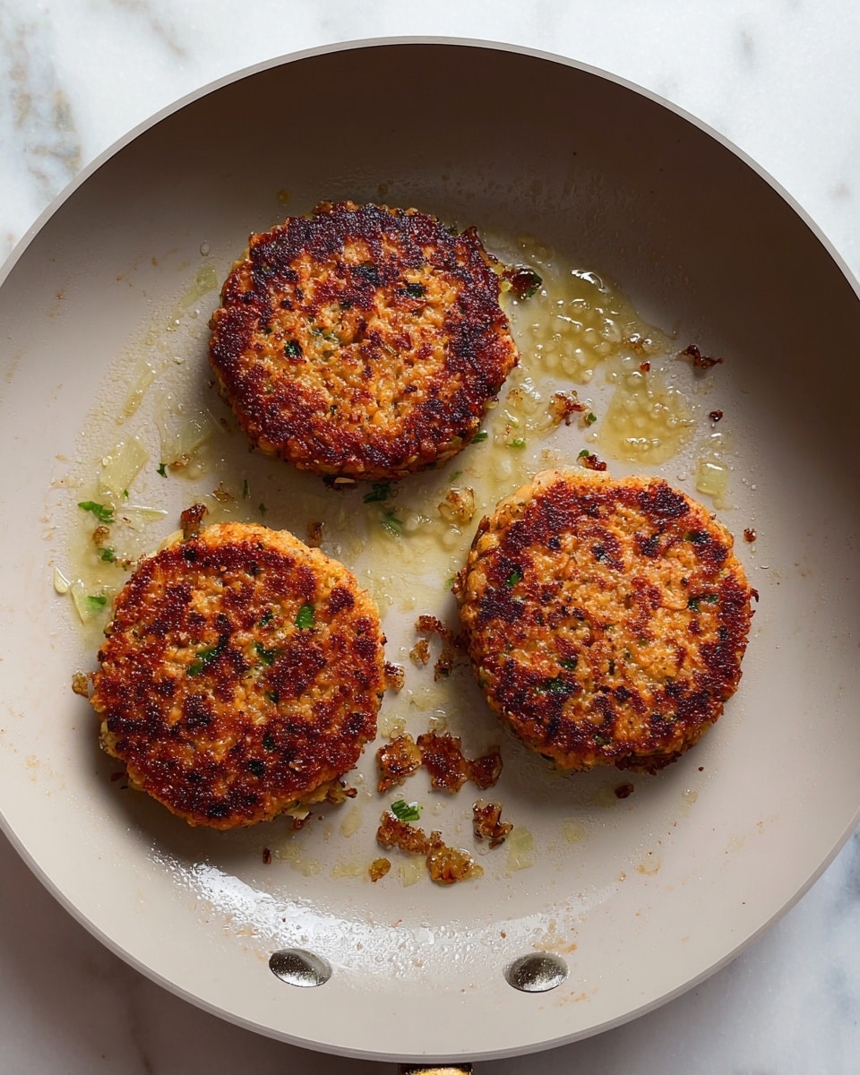 Three round patties with a rough texture are frying in a light gray pan. Each patty is golden brown with darker charred spots, showing visible bits of onion and green herbs. Small drops of oil and browned crumbs are scattered around the pan. The pan is placed on a white marbled surface. photo taken with an iphone --ar 4:5 --v 7