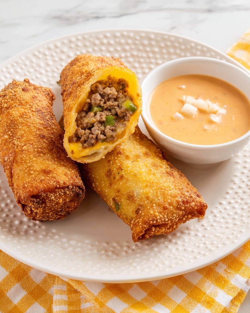 A white plate with a dotted texture holds two whole golden brown fried egg rolls with a crunchy surface, alongside one egg roll cut in half showing a filling of seasoned ground meat mixed with small bits of green vegetables and melted cheese inside a slightly yellow, crispy wrapper. Next to the egg rolls is a small white round bowl filled with a light orange creamy dipping sauce with some visible small white chunks. The plate is on a table with a white marbled texture and part of a yellow and white checkered cloth is visible at the bottom right corner. Photo taken with an iphone --ar 4:5 --v 7